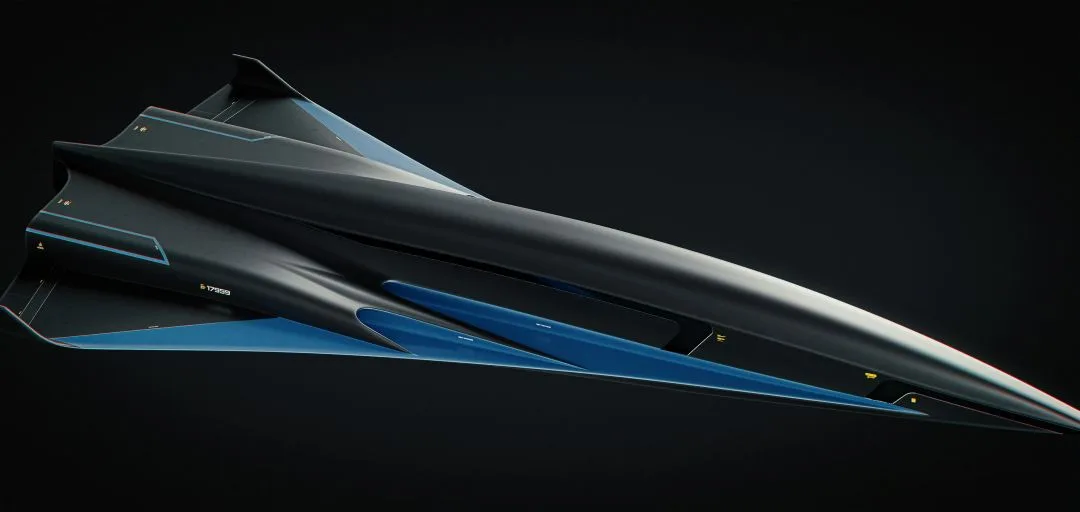 Futuristisches, schwarzes Hochgeschwindigkeitsflugzeug mit schlankem, aerodynamischem Design auf dunklem Hintergrund.