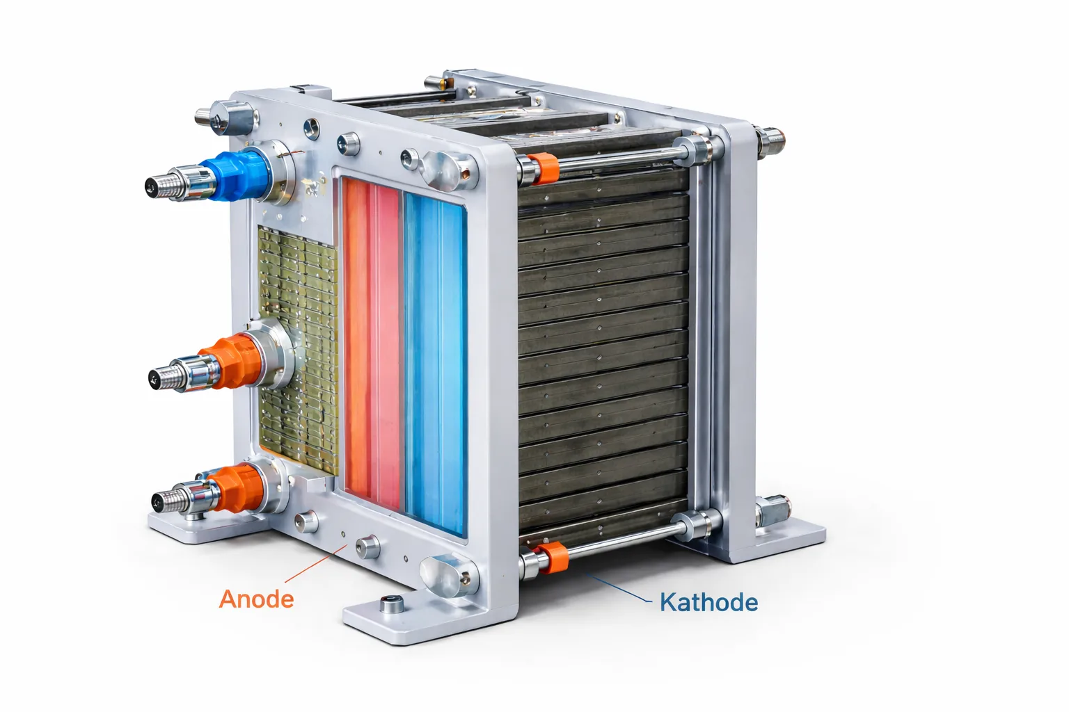 Industrial fuel cell with labeled anode and cathode.