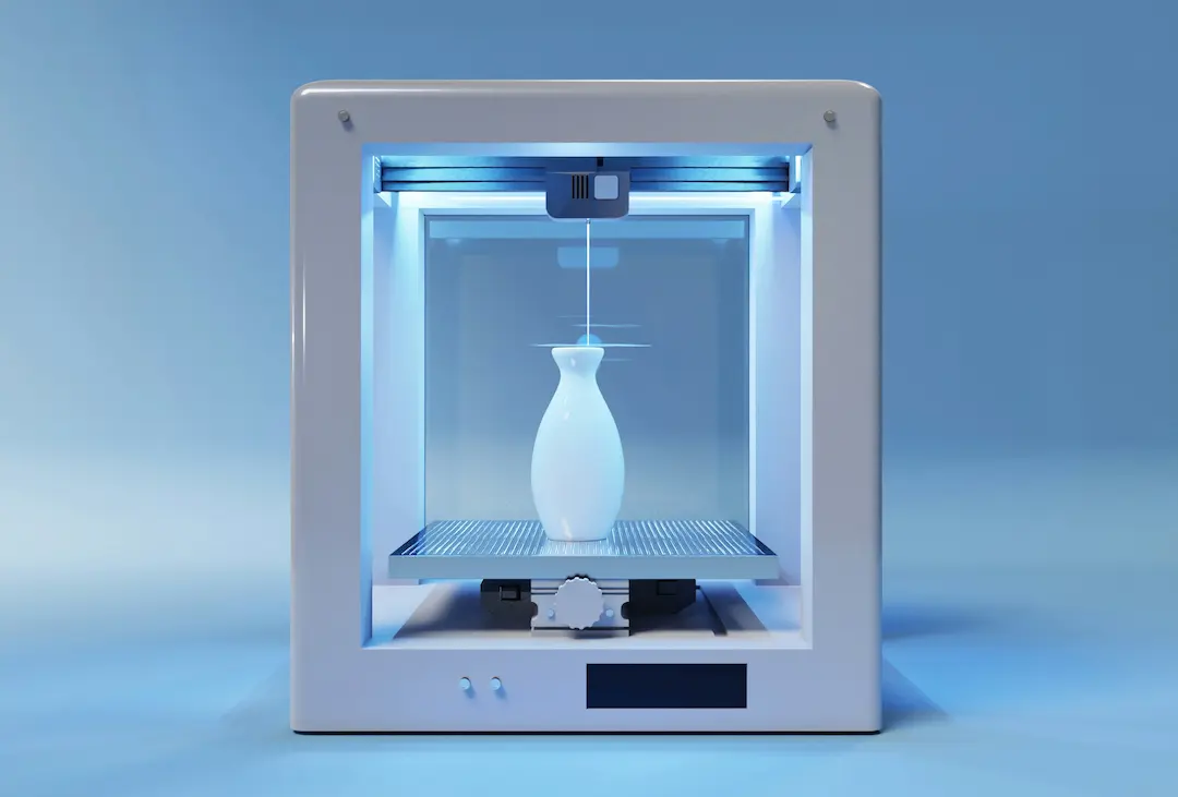 Enclosed 3D printer creating a white vase inside a lit chamber.