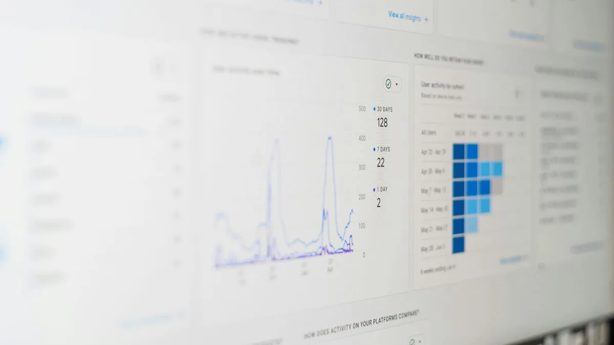 Analytics dashboard displaying charts and user statistics on screen.