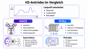 Infografik zum Vergleich von H2ICE und Brennstoffzelle nach Lastprofil, Systemebene und Simulationsmethoden