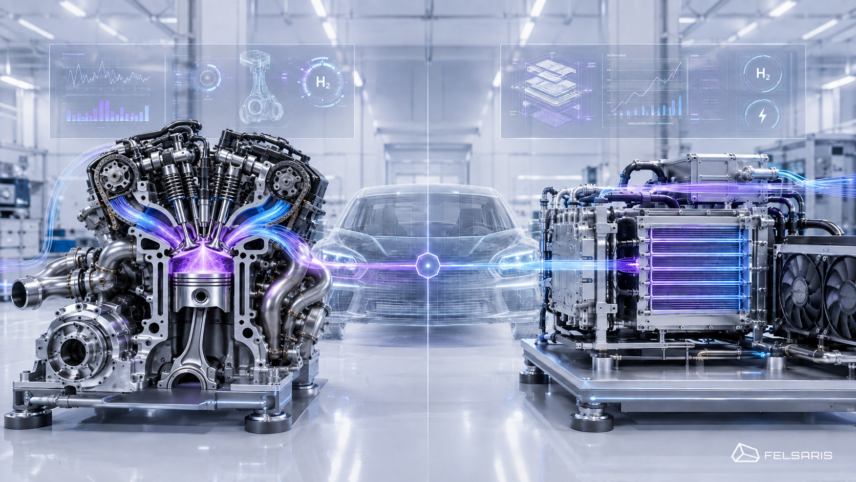 Gegenüberstellung von H2-Verbrennungsmotor und Brennstoffzellensystem mit Fahrzeug und technischen Datenoverlays