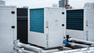 Refrigeration units with compressor and piping installed on a building rooftop