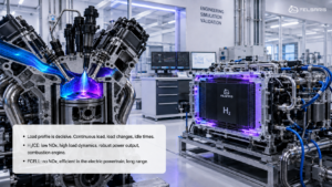 Hydrogen combustion engine and fuel cell stack in a test lab comparing load profile characteristics