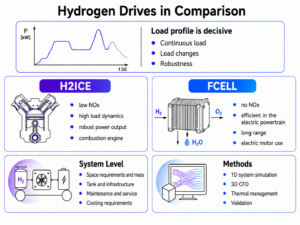 Infographic comparing H2ICE and fuel cell drives by load profile, system level and simulation methods