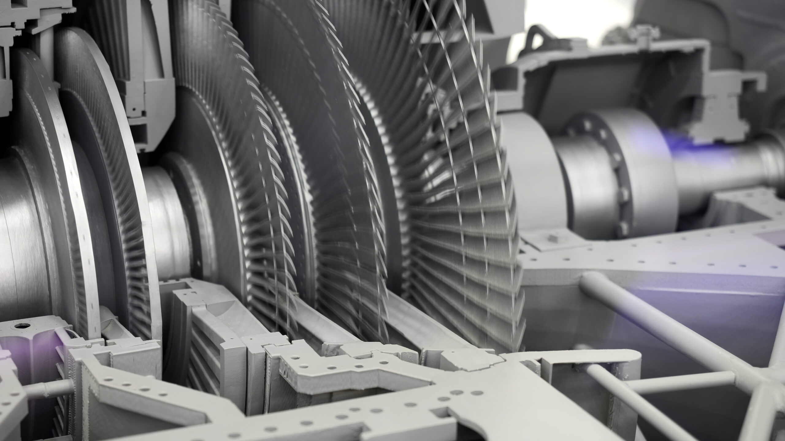 3D cutaway illustration of a turbine's internal mechanism and rotor stages